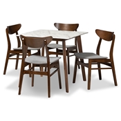 Baxton Studio Paras Mid-Century Modern Transitional Light Grey Fabric Upholstered and Walnut Brown Finished Wood 5-Piece Dining Set with Faux Marble Dining Table